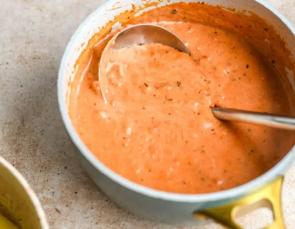 Bowl of creamy tomato coconut pasta sauce ready to serve over pasta