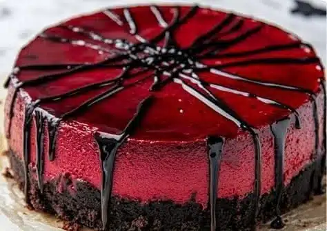 Red velvet cheesecake with chocolate drizzle and easy vampire bite decoration.