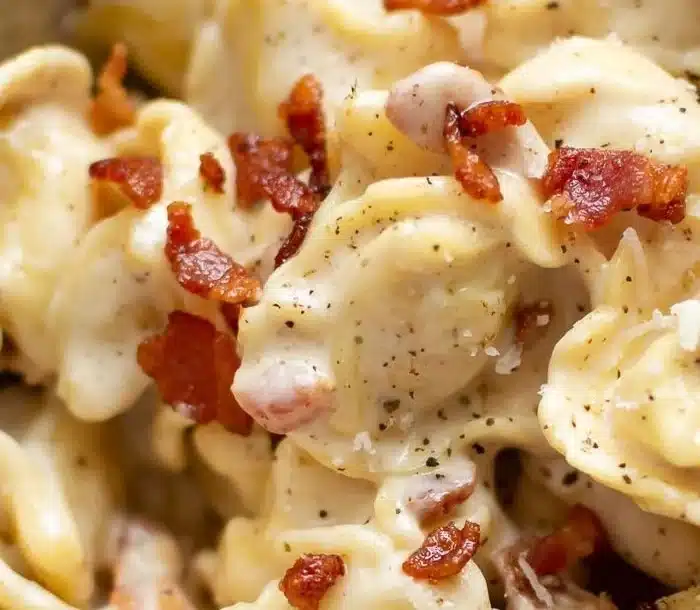 Delicious Bacon Cream Cheese Tortellini served in a bowl