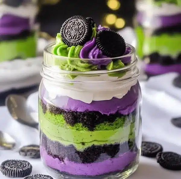 Colorful Beetlejuice mini trifles in Halloween-themed cups