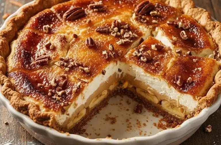Delicious Bourbon Banana Cream Pie topped with fresh bananas and cream