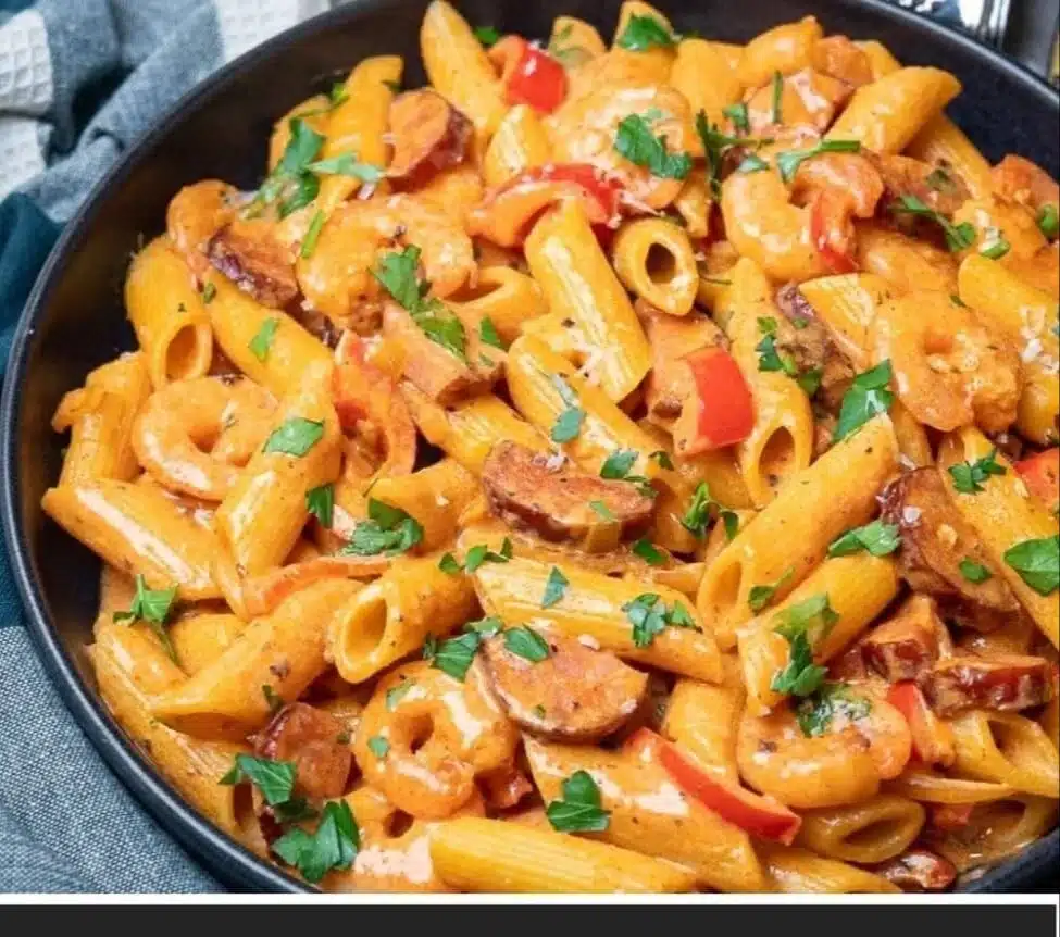 Plate of Cajun Shrimp Pasta with sausage, garnished with parsley.