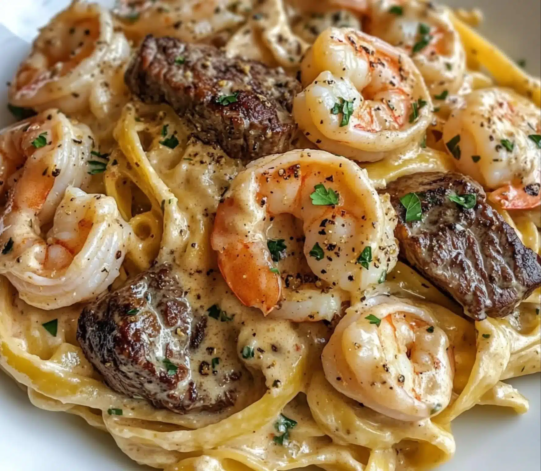 Cajun shrimp steak alfredo pasta dish served in a bowl with garnishes