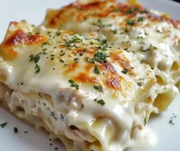 Chicken Alfredo Lasagna Rolls served on a white plate with herbs