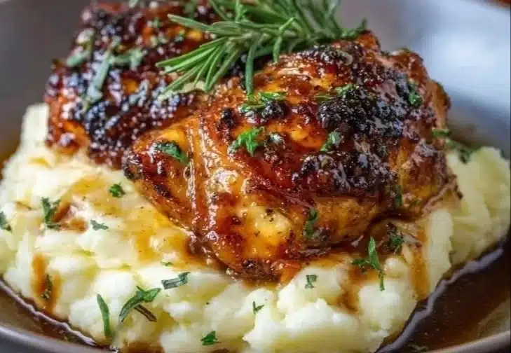 Baked chicken thighs served with creamy mashed potatoes, a comforting meal.