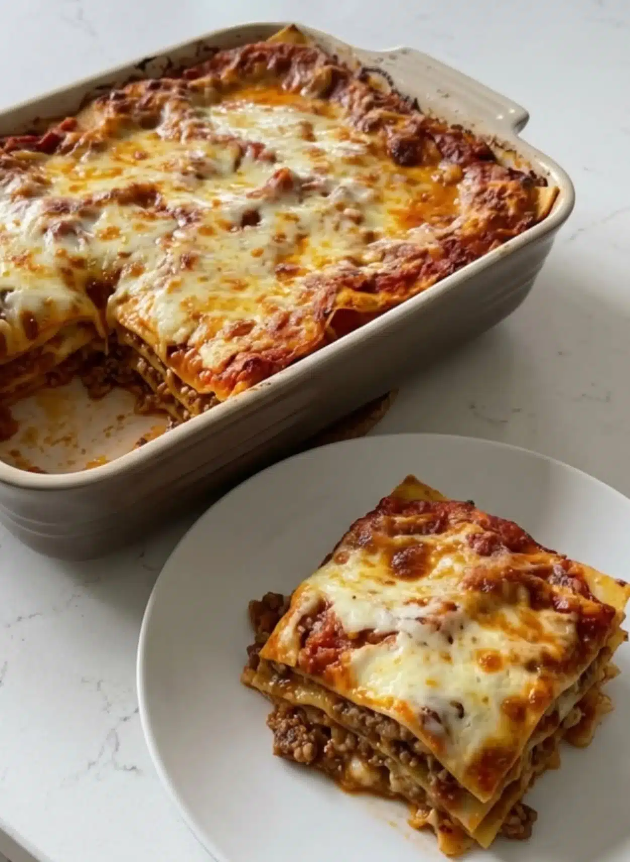 Delicious classic mince lasagna with layers of meat, cheese, and marinara sauce
