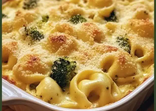 Creamy Broccoli Tortellini Bake with cheese and fresh broccoli