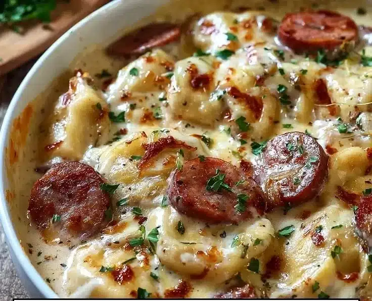 Creamy crockpot pierogi casserole with kielbasa served in a dish