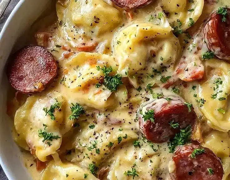 Creamy Crockpot Pierogi Casserole With Kielbasa