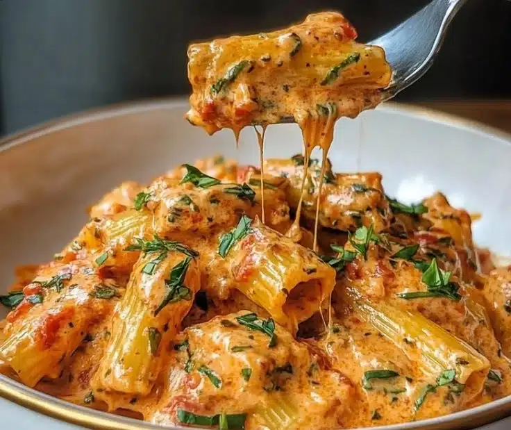 Creamy garlic pasta dish served on a plate, garnished with herbs.