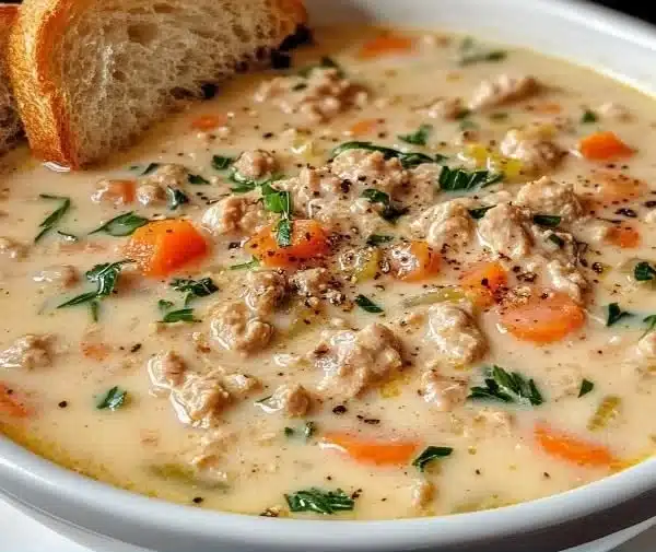 A bowl of creamy Italian ground chicken soup garnished with herbs