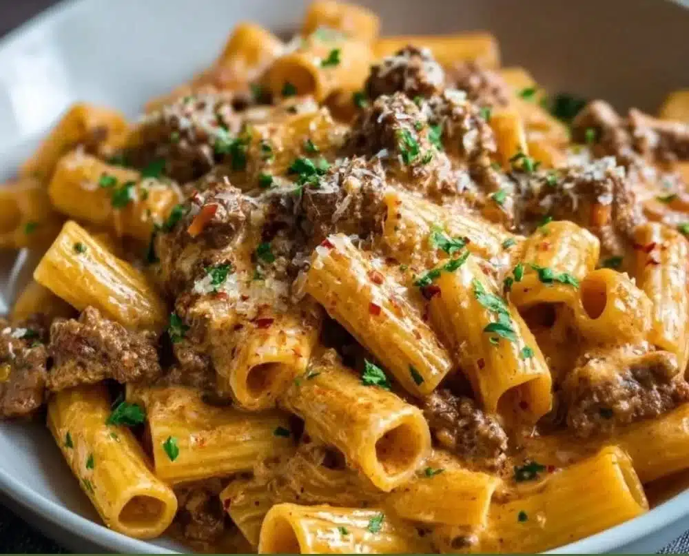 Creamy Parmesan beef rigatoni served in a bowl with fresh herbs and cheese