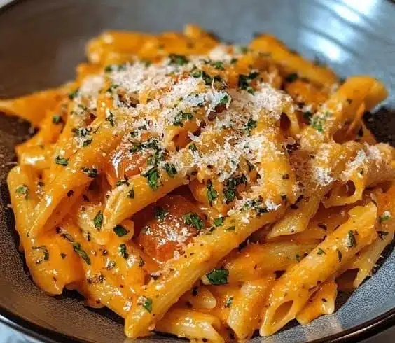 Creamy tomato garlic pasta dish garnished with herbs