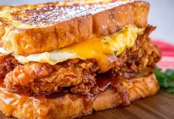 Crispy French toast fried chicken sandwich served on a plate