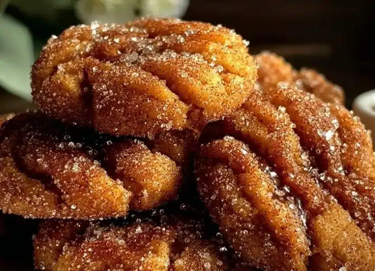 Delicious churro cookies with a crinkle texture, topped with cinnamon sugar.