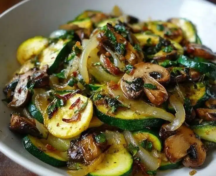 Sautéed zucchini with mushrooms and onions served on a plate