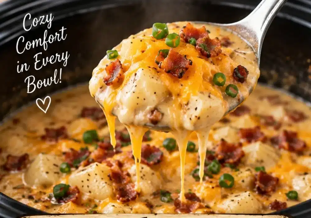 Bowl of creamy loaded baked potato soup made in a slow cooker
