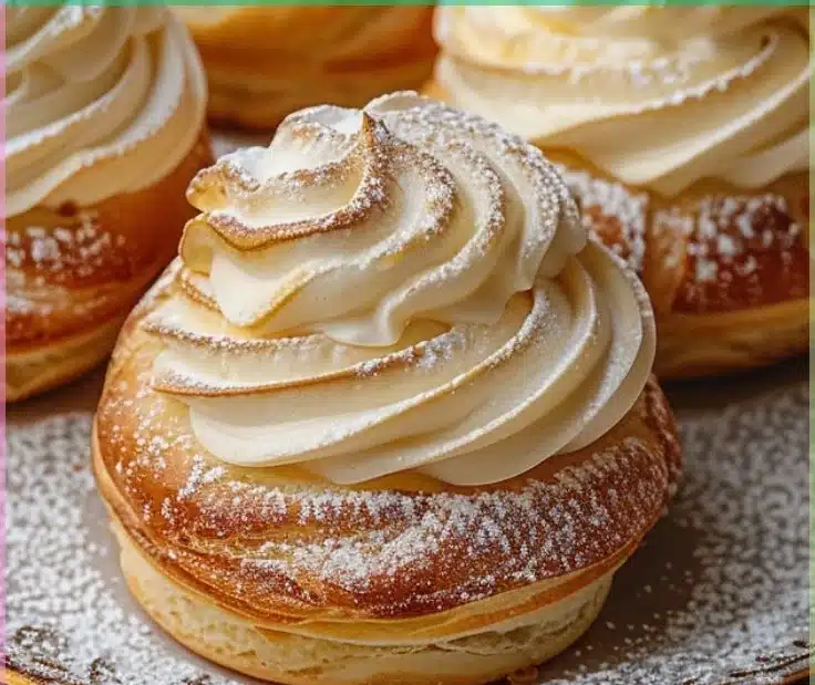 Delicious Eggnog Cream Puffs topped with festive sprinkles for the holiday season