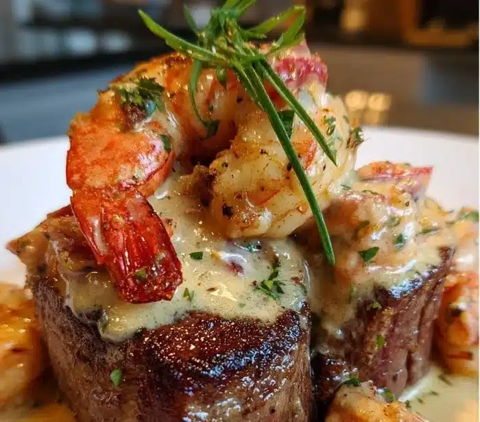 Elegant filet mignon served with shrimp and lobster cream sauce for a gourmet dinner