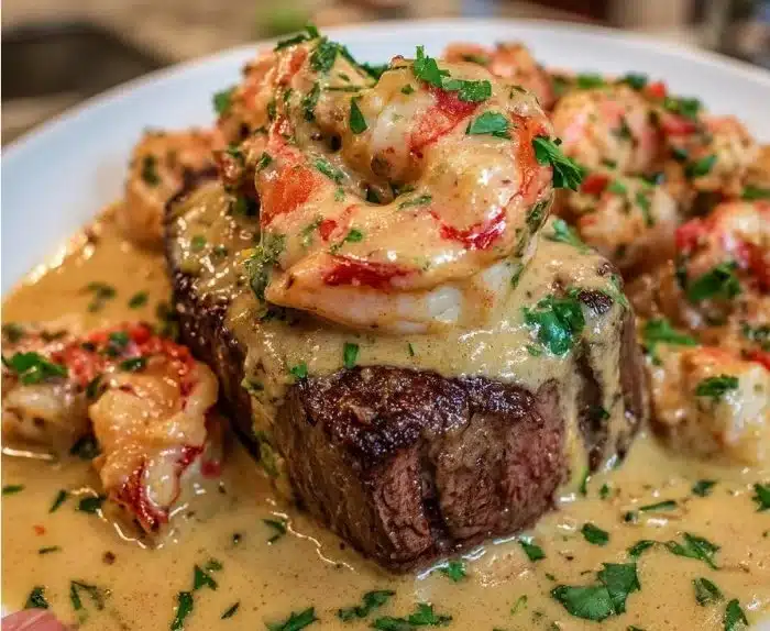 Elegant Gourmet Dinner: Filet Mignon with Shrimp & Lobster Cream Sauce for a Romantic Feast