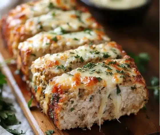 Delicious Garlic Parmesan Chicken Meatloaf on a serving plate