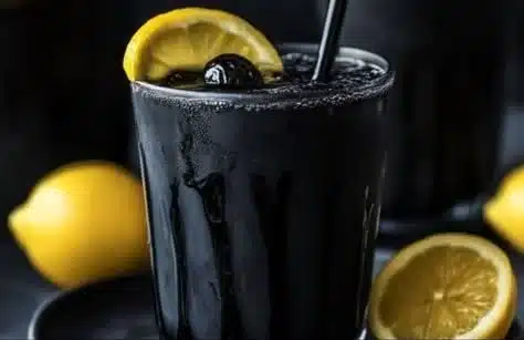 A glass of spooky lemonade with Halloween-themed decorations.