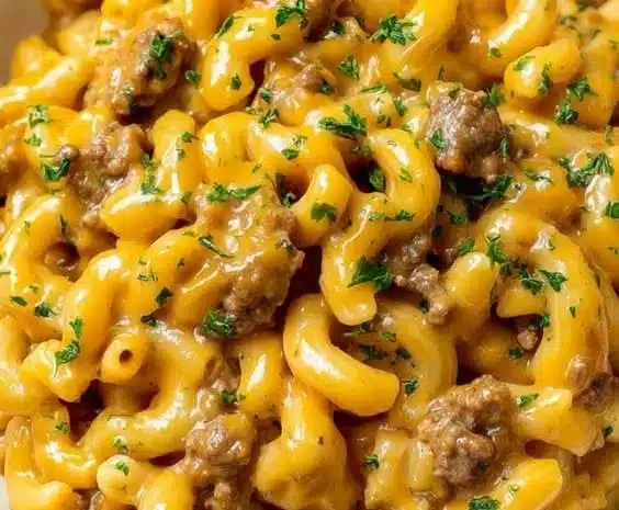 Creamy homemade hamburger helper in a skillet, ready to serve.