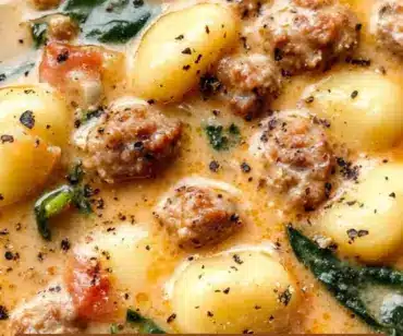 Bowl of creamy Italian sausage gnocchi soup garnished with herbs