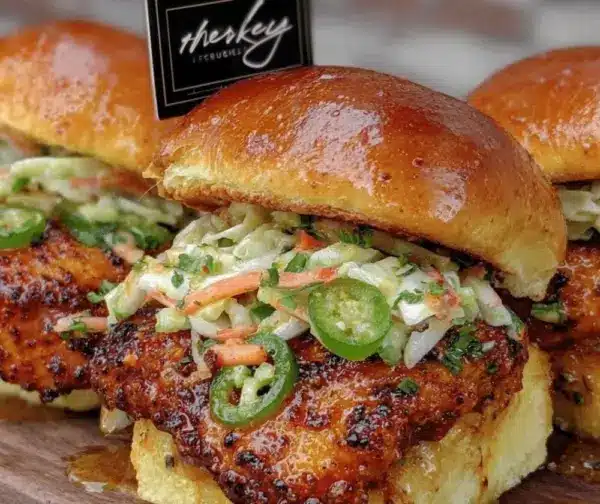 Baked crunchy hot honey chicken served on a plate with garnish