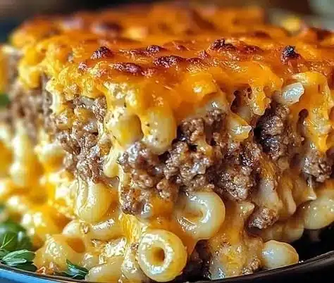Delicious Mac and Cheese Meatloaf Casserole served on a plate