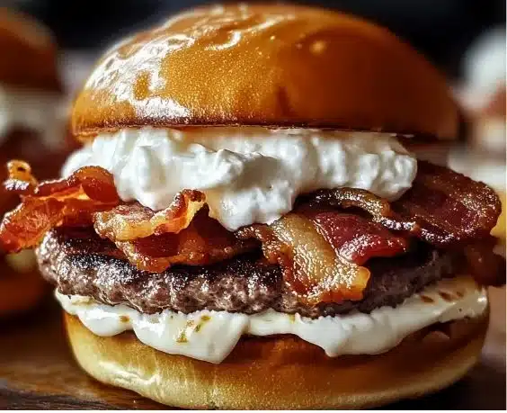 Juicy smash burger with whipped feta and garlic butter bacon on a bun