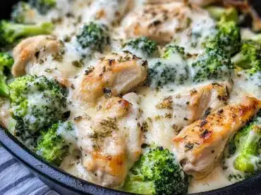 Keto Chicken Alfredo Broccoli Bake with creamy sauce and melted cheese