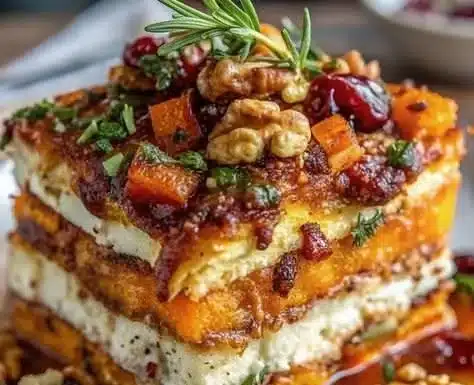 Layered butternut squash lasagna with sweet potatoes and carrots cooked to perfection.