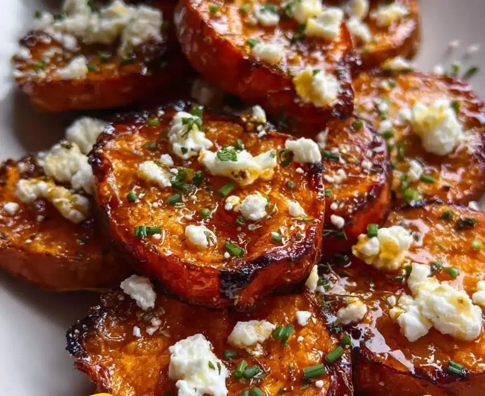 Roasted sweet potato rounds drizzled with honey and topped with feta cheese