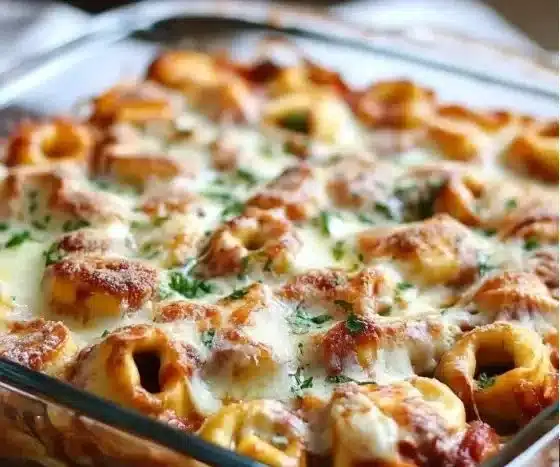 Delicious baked tortellini casserole topped with melted cheese and herbs