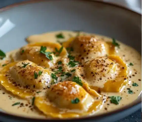 Pumpkin ravioli topped with brown butter sauce served on a plate.
