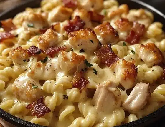 Plate of savory chicken ranch pasta with fresh ingredients and herbs