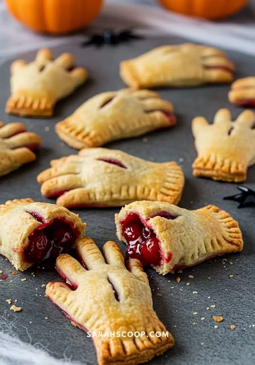 Several small cranberry pies displayed on a table with pumpkins.