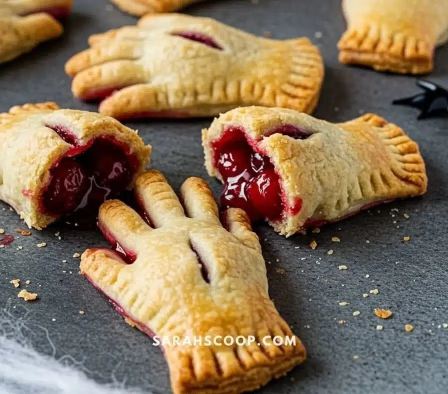 Several small pies with cranberry filling on a table next to pumpkins.