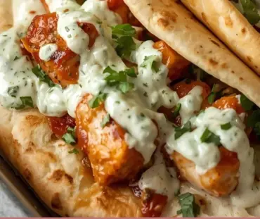 Sheet pan chicken pitas with herby ranch served on a plate