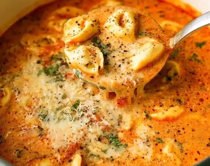 Bowl of hearty Tomato Tortellini Soup with fresh herbs, perfect for a comforting meal.