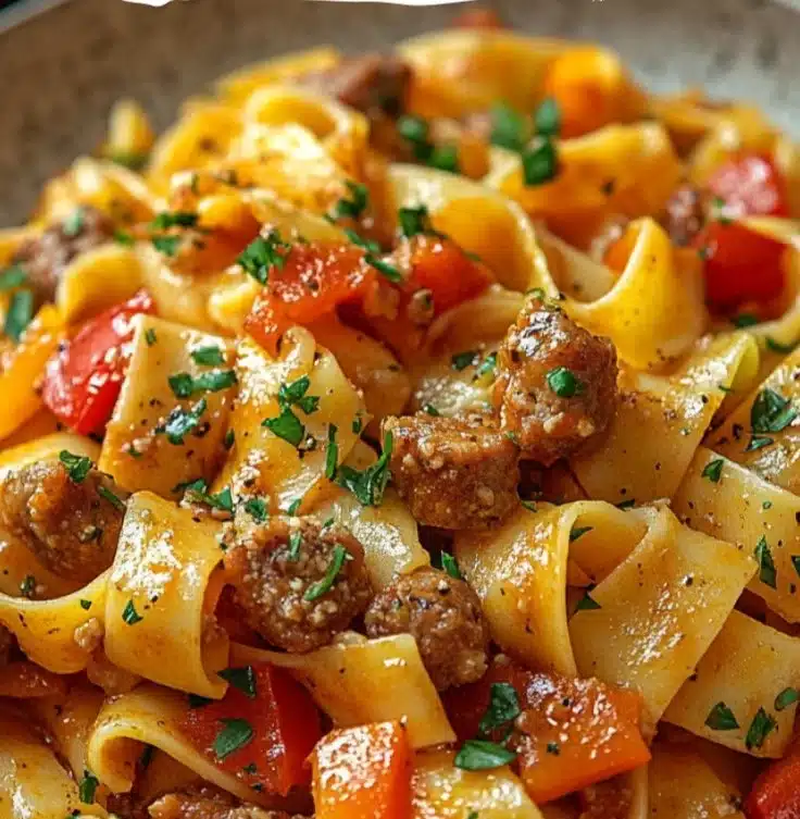 A bowl of Italian drunken noodles with sausage and peppers.