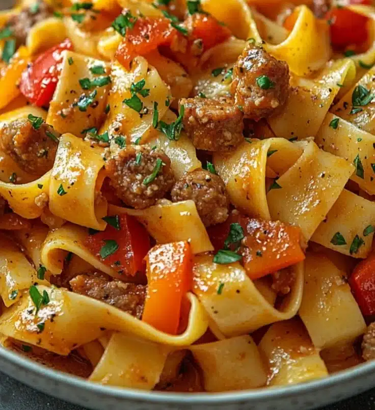 These Italian Drunken Noodles are a bold, flavor-packed fusion dish you’ll crave again and again! Tender pasta is tossed… | Italian sausage and peppers and noodles, Sausage and peppers pasta, Drunken noodles recipe with peppers onions
