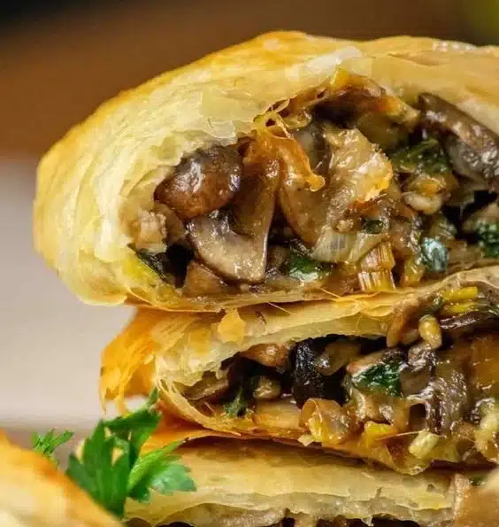 Delicious vegetarian strudel filled with mushrooms and leeks on a wooden table